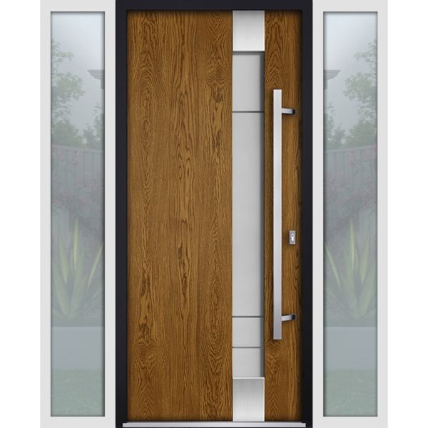 Front Exterior Prehung Steel Door / Deux 1713 Natural Oak / 2 Sidelight Exterior White Windows / Stainless Inserts Single Modern Painted-W14+36+14" x H80"-Left-hand Inswing