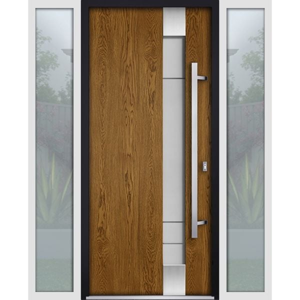 Front Exterior Prehung Steel Door / Deux 1713 Natural Oak / 2 Sidelight Exterior White Windows / Stainless Inserts Single Modern Painted-W16+36+16" x H80"-Left-hand Inswing