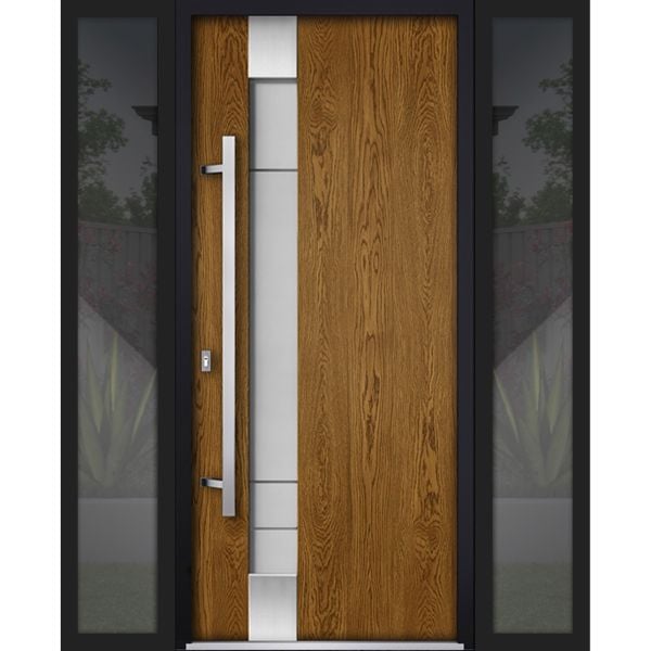 Front Exterior Prehung Steel Door / Deux 1713 Natural Oak / 2 Side Exterior Black Windows / Stainless Inserts Single Modern Painted-W12+36+12" x H80"-Right-hand Inswing
