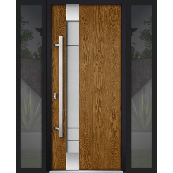 Front Exterior Prehung Steel Door / Deux 1713 Natural Oak / 2 Sidelight Exterior Black Windows / Stainless Inserts Single Modern Painted-W16+36+16" x H80"-Right-hand Inswing