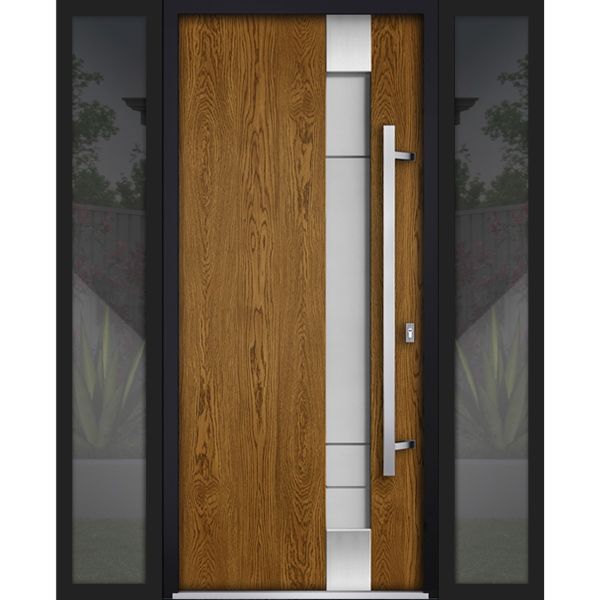 Front Exterior Prehung Steel Door / Deux 1713 Natural Oak / 2 Sidelight Exterior Black Windows / Stainless Inserts Single Modern Painted-W16+36+16" x H80"-Left-hand Inswing