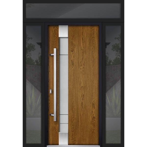 Front Exterior Prehung Steel Door / Deux 1713 Natural Oak / 2 Sidelight and Transom Black Window / Stainless Inserts Single Modern Painted-W14+36+14" x H80+16"-Right-hand Inswing