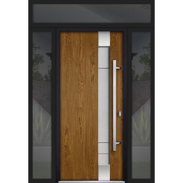 Front Exterior Prehung Steel Door / Deux 1713 Natural Oak / 2 Sidelight and Transom Black Window / Stainless Inserts Single Modern Painted-W12+36+12" x H80+16"-Left-hand Inswing
