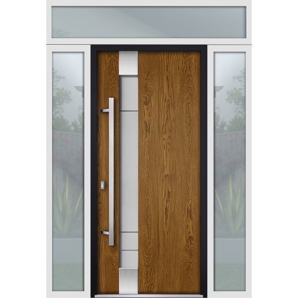 Front Exterior Prehung Steel Door / Deux 1713 Natural Oak / 2 Sidelight and Transom White Window / Stainless Inserts Single Modern Painted-W16+36+16" x H80+16"-Right-hand Inswing