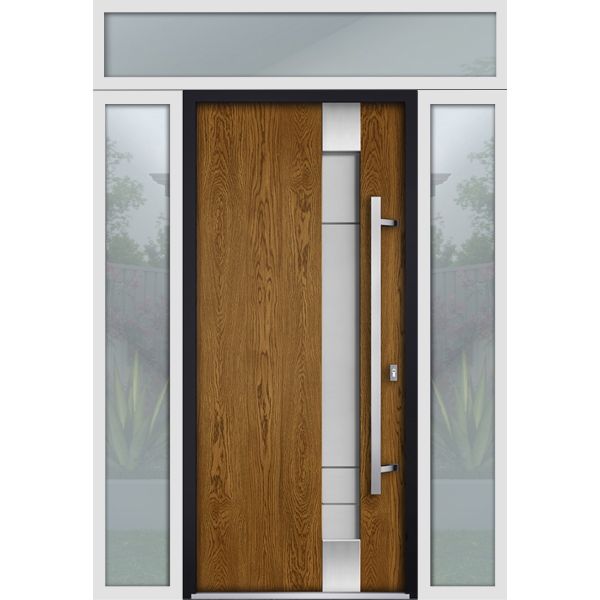 Front Exterior Prehung Steel Door / Deux 1713 Natural Oak / 2 Sidelight and Transom White Window / Stainless Inserts Single Modern Painted-W14+36+14" x H80+16"-Left-hand Inswing