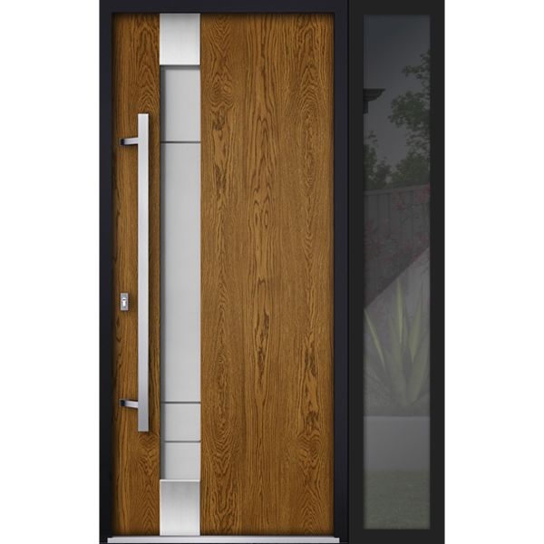 Front Exterior Prehung Steel Door / Deux 1713 Natural Oak / Sidelight Exterior Black Window / Stainless Inserts Single Modern Painted-W36+14" x H80"-Right-hand Inswing