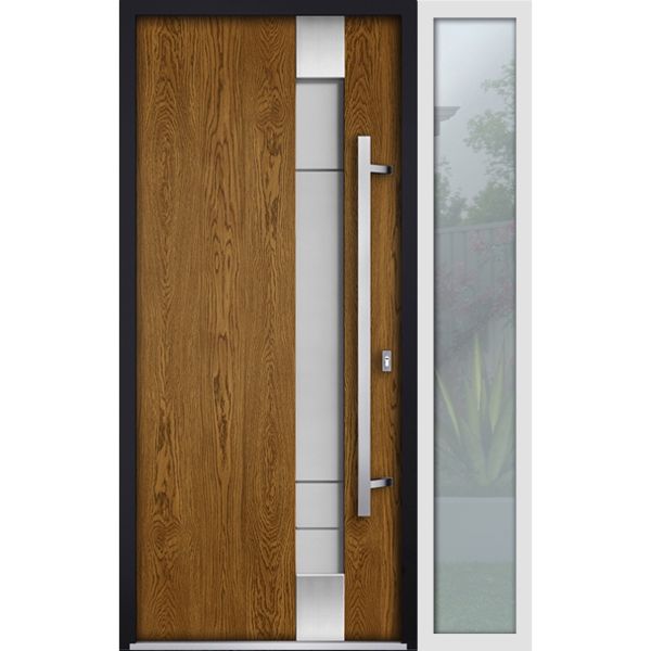 Front Exterior Prehung Steel Door / Deux 1713 Natural Oak / Sidelight Exterior White Window / Stainless Inserts Single Modern Painted-W36+14" x H80"-Left-hand Inswing