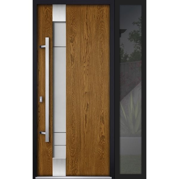 Front Exterior Prehung Steel Door / Deux 1713 Natural Oak / Sidelight Exterior Black Window / Stainless Inserts Single Modern Painted-W36+16" x H80"-Right-hand Inswing