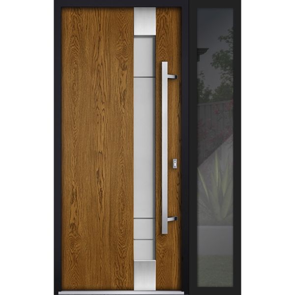 Front Exterior Prehung Steel Door / Deux 1713 Natural Oak / Sidelight Exterior Black Window / Stainless Inserts Single Modern Painted-W36+16" x H80"-Left-hand Inswing
