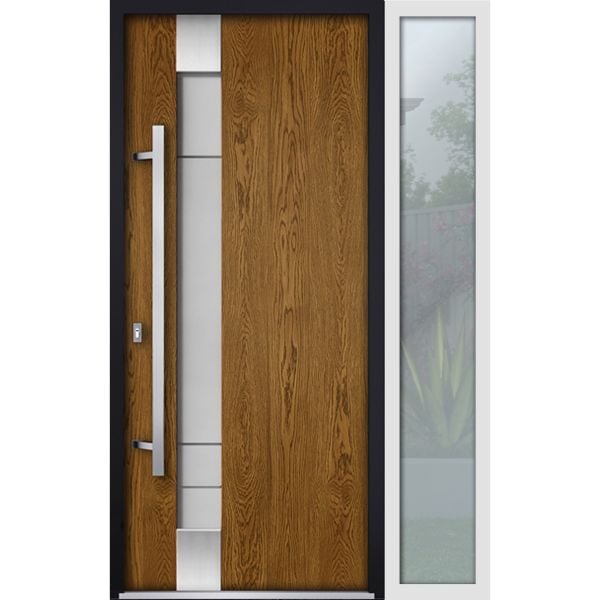 Front Exterior Prehung Steel Door / Deux 1713 Natural Oak / Sidelight Exterior White Window / Stainless Inserts Single Modern Painted-W36+16" x H80"-Right-hand Inswing