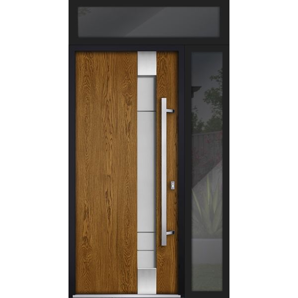 Front Exterior Prehung Steel Door / Deux 1713 Natural Oak / Sidelight and Transom Black Window / Stainless Inserts Single Modern Painted-W36+12" x H80+16"-Left-hand Inswing