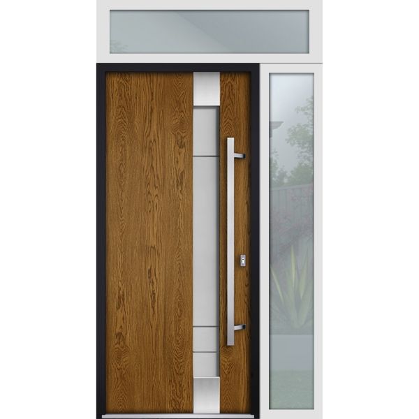 Front Exterior Prehung Steel Door / Deux 1713 Natural Oak / Sidelight and Transom White Window / Stainless Inserts Single Modern Painted-W36+12" x H80+16"-Left-hand Inswing