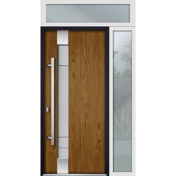 Front Exterior Prehung Steel Door / Deux 1713 Natural Oak / Sidelight and Transom White Window / Stainless Inserts Single Modern Painted-W36+14" x H80+16"-Right-hand Inswing