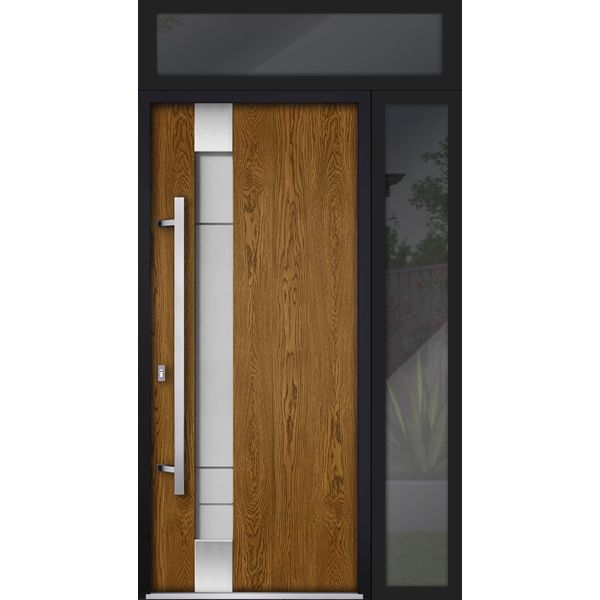 Front Exterior Prehung Steel Door / Deux 1713 Natural Oak / Sidelight and Transom Black Window / Stainless Inserts Single Modern Painted-W36+16" x H80+16"-Right-hand Inswing