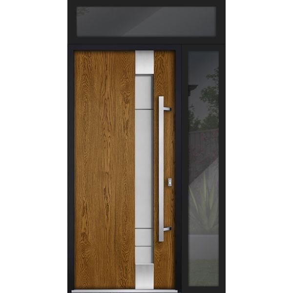 Front Exterior Prehung Steel Door / Deux 1713 Natural Oak / Sidelight and Transom Black Window / Stainless Inserts Single Modern Painted-W36+16" x H80+16"-Left-hand Inswing