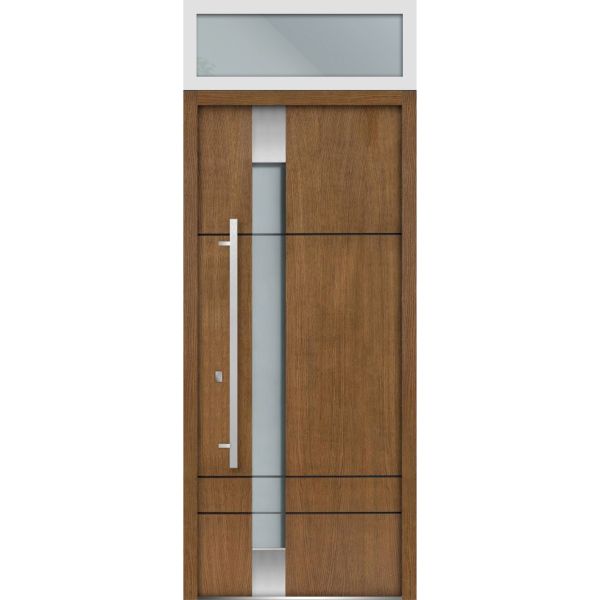 Front Exterior Prehung Steel Door / Deux 1713 Natural Oak / Top Exterior White Window / Stainless Inserts Single Modern Painted-W36" x H80+16"-Right-hand Inswing
