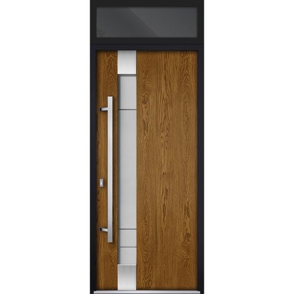 Front Exterior Prehung Steel Door / Deux 1713 Natural Oak / Transom Black Window / Stainless Inserts Single Modern Painted-W36" x H80+16"-Right-hand Inswing