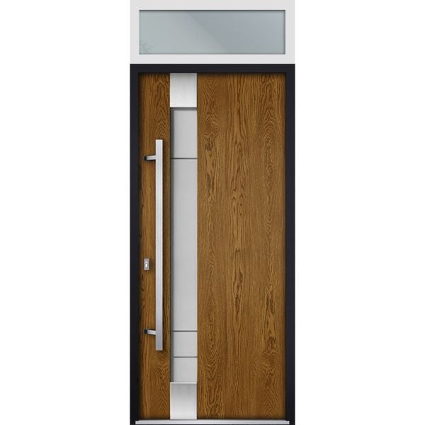 Front Exterior Prehung Steel Door / Deux 1713 Natural Oak / Top Exterior White Window / Stainless Inserts Single Modern Painted-W36" x H80+16"-Right-hand Inswing