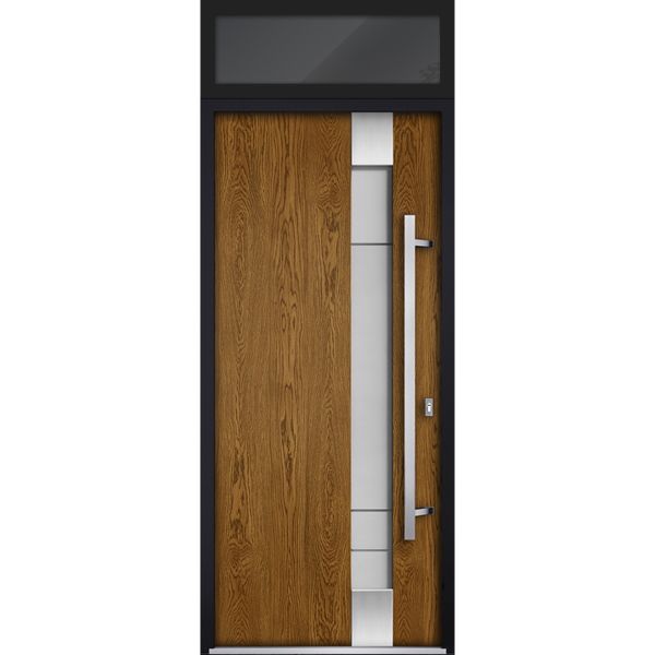Front Exterior Prehung Steel Door / Deux 1713 Natural Oak / Transom Black Window / Stainless Inserts Single Modern Painted-W36" x H80+16"-Left-hand Inswing