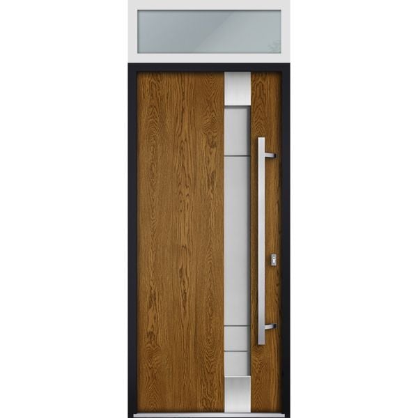 Front Exterior Prehung Steel Door / Deux 1713 Natural Oak / Transom White Window / Stainless Inserts Single Modern Painted-W36" x H80+16"-Left-hand Inswing