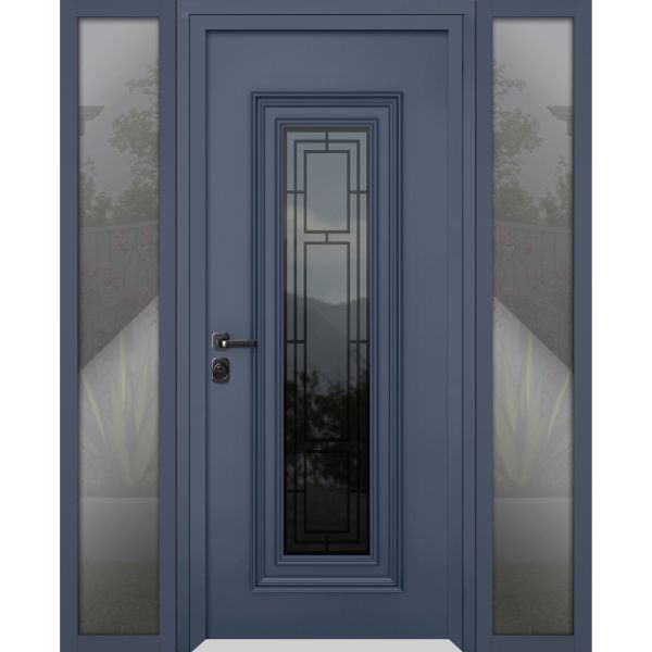 Front Exterior Prehung Steel Door / Ballucio 6044 Gray Graphite / 2 Side Exterior Windows / Stainless Inserts Single Modern Painted-W16+36+16" x H80"-Right-hand Inswing