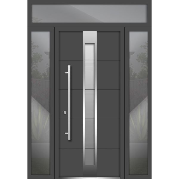 Front Exterior Prehung Steel Door / Deux 1717 Gray Graphite / Stainless Inserts Single Modern Painted-W60" x H96"-Right-hand Inswing