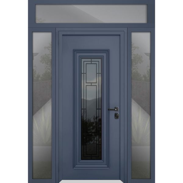 Front Exterior Prehung Steel Door / Ballucio 6044 Gray Graphite / 2 Side and Top Exterior Window / Stainless Inserts Single Modern Painted-W12+36+12" x H80+16"-Left-hand Inswing