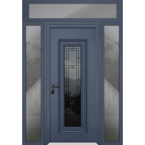 Front Exterior Prehung Steel Door / Ballucio 6044 Gray Graphite / 2 Side and Top Exterior Window / Stainless Inserts Single Modern Painted-W16+36+16" x H80+16"-Right-hand Inswing