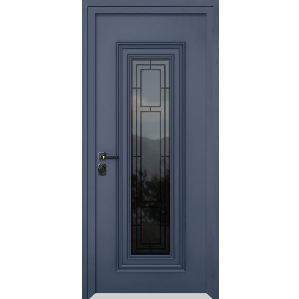 Front Exterior Prehung Steel Door / Ballucio 6044 Gray Graphite / Stainless Inserts Single Modern Painted-W36" x H80"-Right-hand Inswing