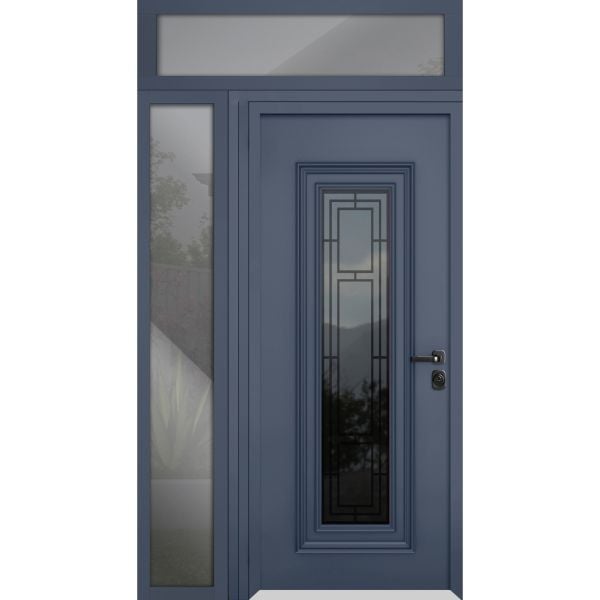 Front Exterior Prehung Steel Door / Ballucio 6044 Gray Graphite / Side and Top Exterior Window / Stainless Inserts Single Modern Painted-W36+12" x H80+16"-Left-hand Inswing