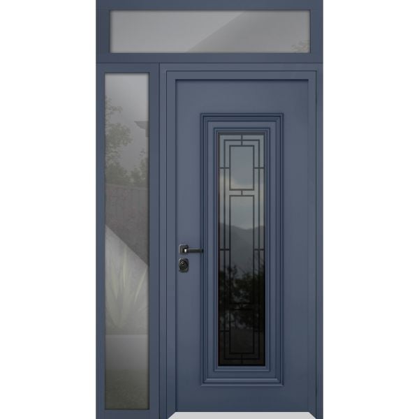 Front Exterior Prehung Steel Door / Ballucio 6044 Gray Graphite / Side and Top Exterior Window / Stainless Inserts Single Modern Painted-W36+16" x H80+16"-Right-hand Inswing