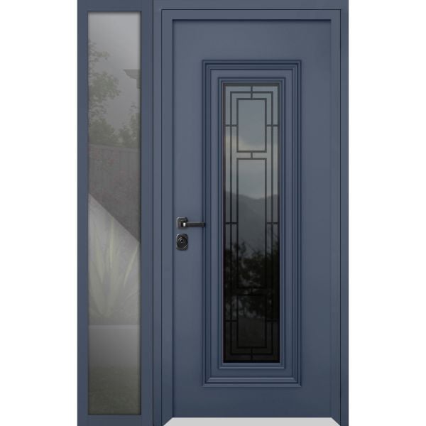 Front Exterior Prehung Steel Door / Ballucio 6044 Gray Graphite / Side Exterior Window / Stainless Inserts Single Modern Painted-W36+14" x H80"-Right-hand Inswing