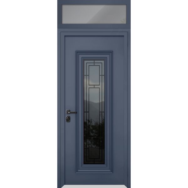 Front Exterior Prehung Steel Door / Ballucio 6044 Gray Graphite / Top Exterior Window / Stainless Inserts Single Modern Painted-W36" x H80+16"-Right-hand Inswing