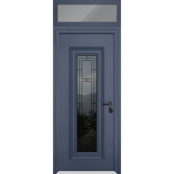 Front Exterior Prehung Steel Door / Ballucio 6044 Gray Graphite / Top Exterior Window / Stainless Inserts Single Modern Painted-W36" x H80+16"-Left-hand Inswing