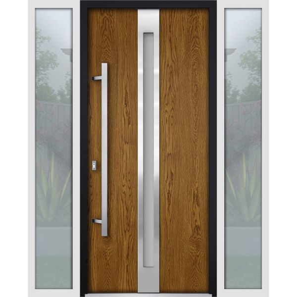 Front Exterior Prehung Steel Door / Deux 1744 Natural Oak / 2 Sidelight Exterior White Windows / Stainless Inserts Single Modern Painted-W16+36+16" x H80"-Right-hand Inswing