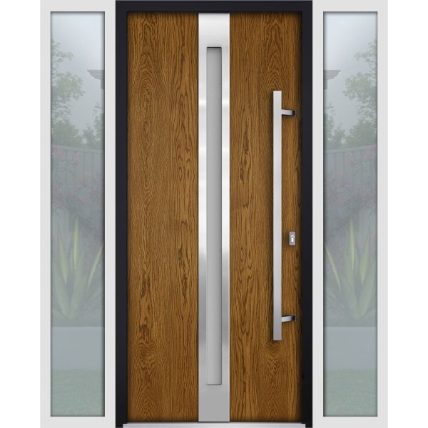 Front Exterior Prehung Steel Door / Deux 1744 Natural Oak / 2 Sidelight Exterior White Windows / Stainless Inserts Single Modern Painted-W14+36+14" x H80"-Left-hand Outswing