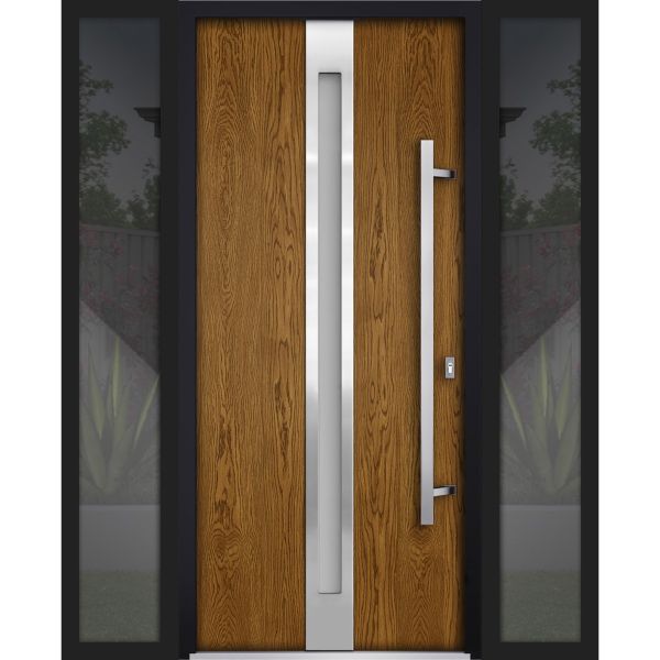 Front Exterior Prehung Steel Door / Deux 1744 Natural Oak / 2 Sidelight Exterior Black Windows / Stainless Inserts Single Modern Painted-W14+36+14" x H80"-Left-hand Inswing