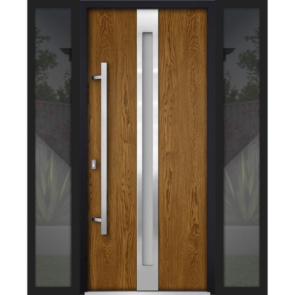 Front Exterior Prehung Steel Door / Deux 1744 Natural Oak / 2 Sidelight Exterior Black Windows / Stainless Inserts Single Modern Painted-W16+36+16" x H80"-Right-hand Inswing