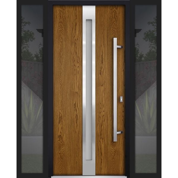 Front Exterior Prehung Steel Door / Deux 1744 Natural Oak / 2 Sidelight Exterior Black Windows / Stainless Inserts Single Modern Painted-W16+36+16" x H80"-Left-hand Inswing