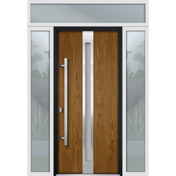 Front Exterior Prehung Steel Door / Deux 1744 Natural Oak / 2 Sidelight and Transom White Window / Stainless Inserts Single Modern Painted-W14+36+14" x H80+16"-Right-hand Inswing