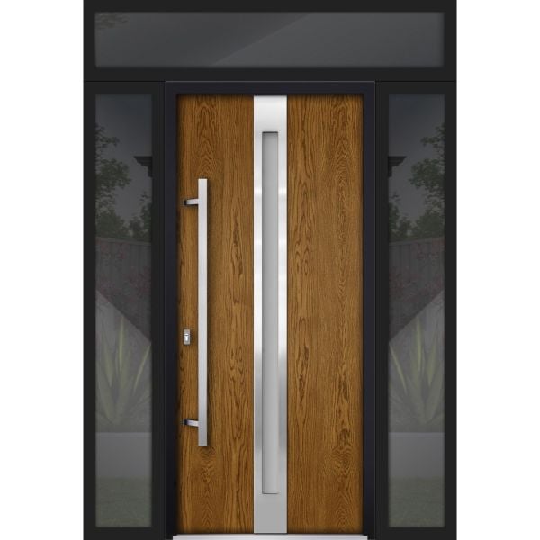 Front Exterior Prehung Steel Door / Deux 1744 Natural Oak / 2 Sidelight and Transom Black Window / Stainless Inserts Single Modern Painted-W16+36+16" x H80+16"-Right-hand Inswing