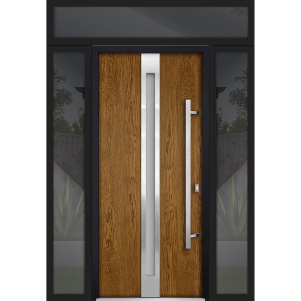 Front Exterior Prehung Steel Door / Deux 1744 Natural Oak / 2 Sidelight and Transom Black Window / Stainless Inserts Single Modern Painted-W12+36+12" x H80+16"-Left-hand Inswing