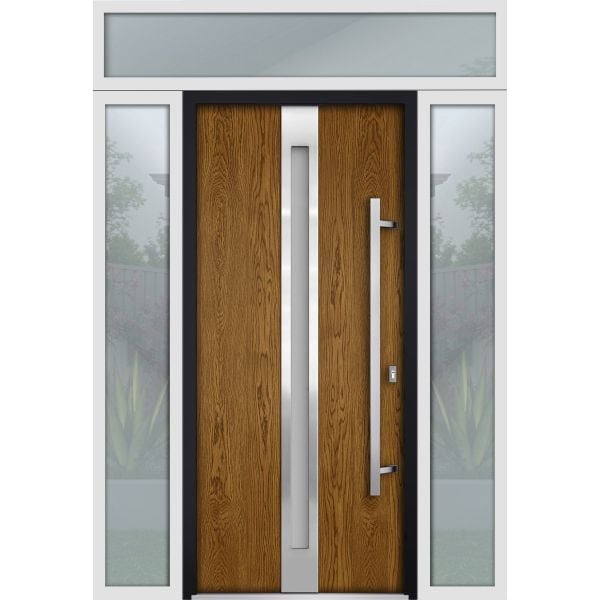 Front Exterior Prehung Steel Door / Deux 1744 Natural Oak / 2 Sidelight and Transom White Window / Stainless Inserts Single Modern Painted-W14+36+14" x H80+16"-Left-hand Inswing