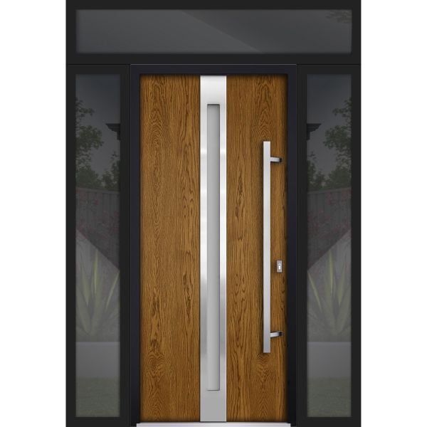 Front Exterior Prehung Steel Door / Deux 1744 Natural Oak / 2 Sidelight and Transom Black Window / Stainless Inserts Single Modern Painted-W16+36+16" x H80+16"-Left-hand Inswing