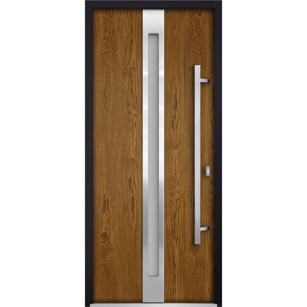 Front Exterior Prehung Steel Door / Deux 1744 Natural Oak / Stainless Inserts Single Modern Painted-W36" x H80"-Left-hand Inswing