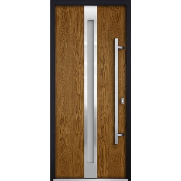 Front Exterior Prehung Steel Door / Deux 1744 Natural Oak / Stainless Inserts Single Modern Painted-W36" x H80"-Left-hand Inswing