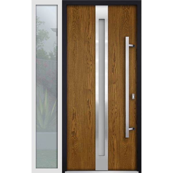 Front Exterior Prehung Steel Door / Deux 1744 Natural Oak / Sidelight Exterior White Window / Stainless Inserts Single Modern Painted-W36+12" x H80"-Left-hand Inswing