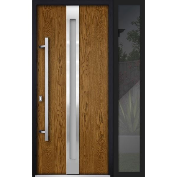 Front Exterior Prehung Steel Door / Deux 1744 Natural Oak / Sidelight Exterior Black Window / Stainless Inserts Single Modern Painted-W36+16" x H80"-Right-hand Inswing