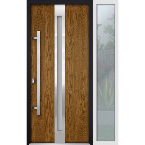 Front Exterior Prehung Steel Door / Deux 1744 Natural Oak / Sidelight Exterior White Window / Stainless Inserts Single Modern Painted-W36+16" x H80"-Right-hand Outswing