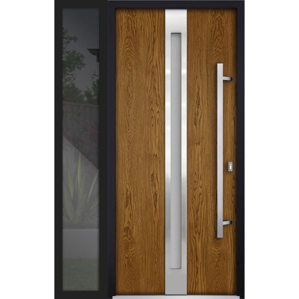 Front Exterior Prehung Steel Door / Deux 1744 Natural Oak / Sidelight Exterior Black Window / Stainless Inserts Single Modern Painted-W36+16" x H80"-Left-hand Inswing